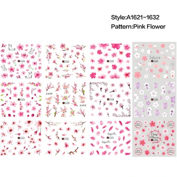 12 styl růžové Sakura Vody Hřebík Nálepky Set Peach Blossom Letní vzory Nehty Umění Dekorace Jezdců roztomilé zvířecí Dekor Posuvníky