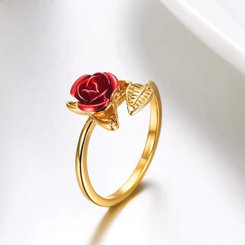 1ks Ženy Prsten Červené Růže Květ Listy Otevřený Kroužek Nastavitelná velikost Prstu Prsteny Pro Ženy Valentine Den Dárek Šperky