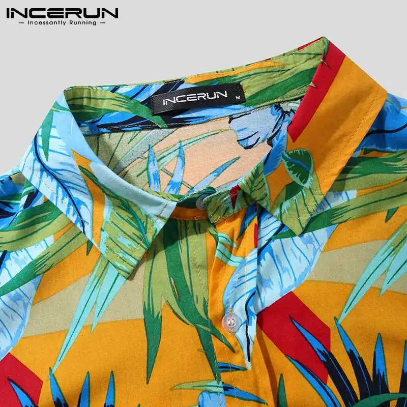 2021 Letní Muži Havajské Košile Tištěné Streetwear Klopě Krátký Rukáv Camisas Tlačítko Dovolené Příležitostné Muži Oblečení S-3XL INCERUN