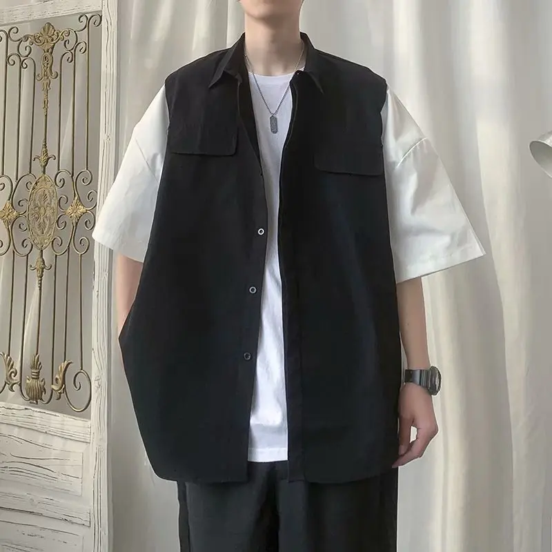 2021 Letní korejský Styl Pánské Hezký Falešné Dva Krátké kalhoty Sleeve Košile Japonská Móda Loose Cargo Košile Pánské Oblečení Trendy