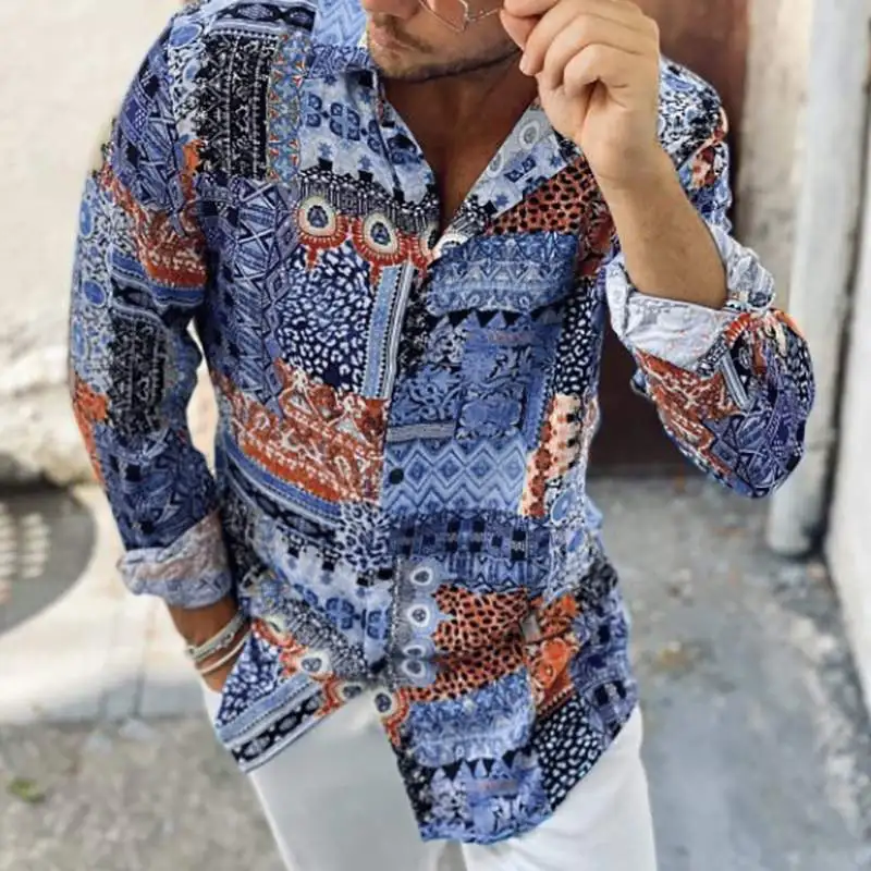 INCERUN 2021 Muži Ležérní Tištěné Tričko Zase Dolů Límec Streetwear Dlouhý Rukáv Volný čas Camisas Vintage Tlačítko Mužů Havajské Košile