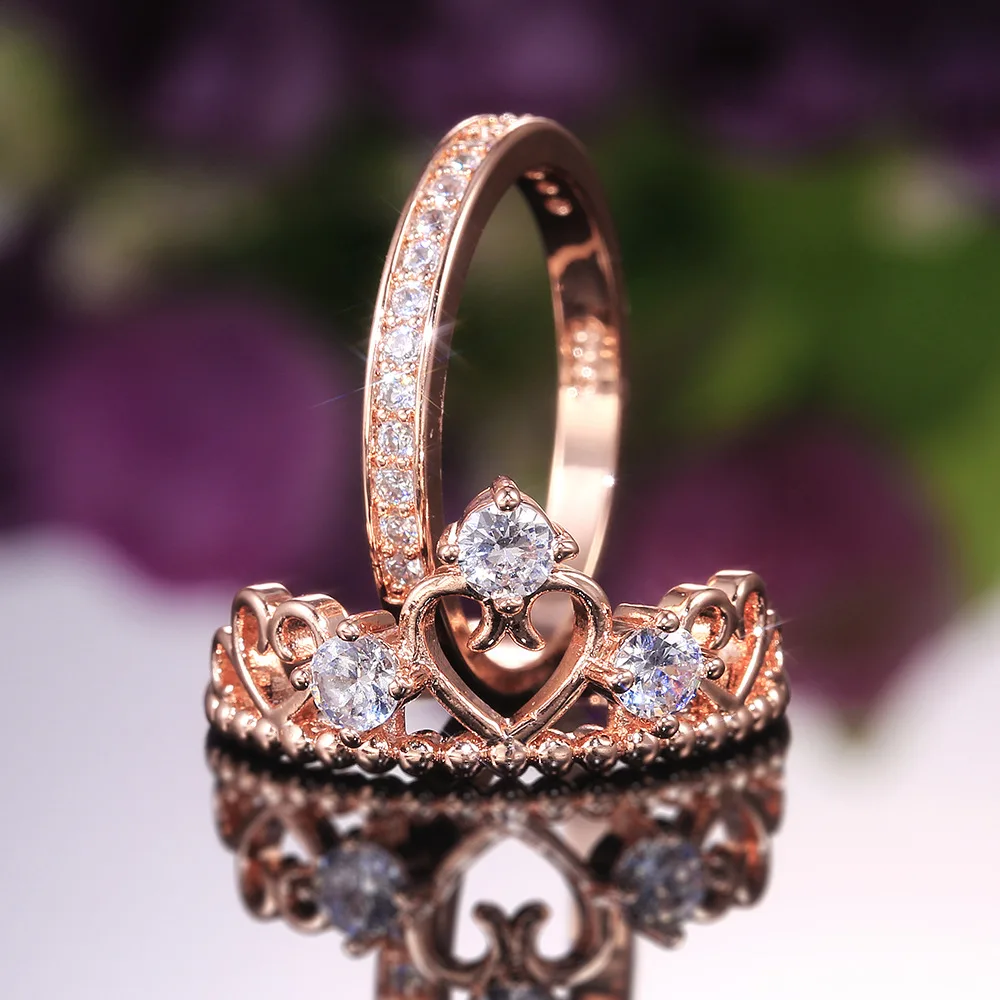 Luxusní Rose Gold Crown Zirkony Prsteny pro Ženy, Svatební Zásnubní Prsten, Šperky, Dárky k Narozeninám