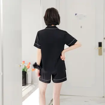 2020 Summer Jednoduchý Fashion Pyžamo Krátký Rukáv Krátké Kalhoty Oblek Ice Hedvábí Tenké Korejský Styl Black Volný Čas Topy