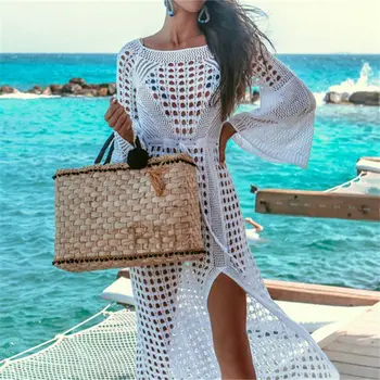 2021 Háčkování Tuniky, Plážové Šaty Cover-ups Letní Dámské Plážové oblečení Sexy vydlabat Pletené Plavky Zakrýt Robe de plage