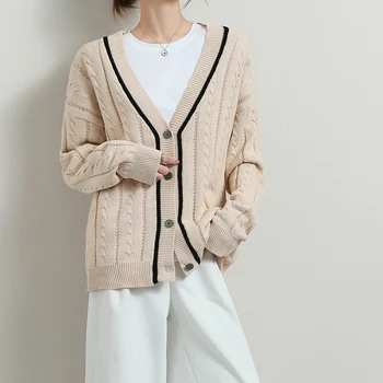 2021 Jaře a na Podzim Cotton Knit Cardigan Jacket Ladies V-neck Volné Velké Velikosti Colorblock Long Sleeve Top