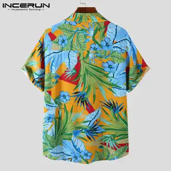 2021 Letní Muži Havajské Košile Tištěné Streetwear Klopě Krátký Rukáv Camisas Tlačítko Dovolené Příležitostné Muži Oblečení S-3XL INCERUN