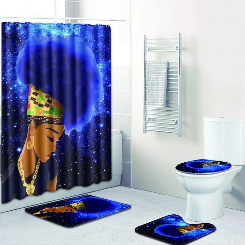 Koupelna Se Sprchovým Závěsem Luxusní Africká Americká Dívka Vodotěsné Vana Opony Non-slip Vana Koberec Sady Wc Kryt Mat