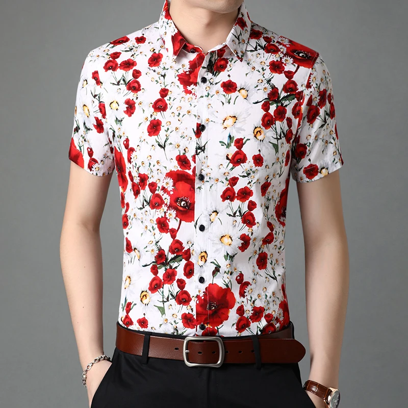 Kvalitní Nové Letní Značky korejské Slim Fit Pánské Květinové Tričko Krátký Rukáv Hawaiian Flower Ležérní Módní Oblečení Muži 2021