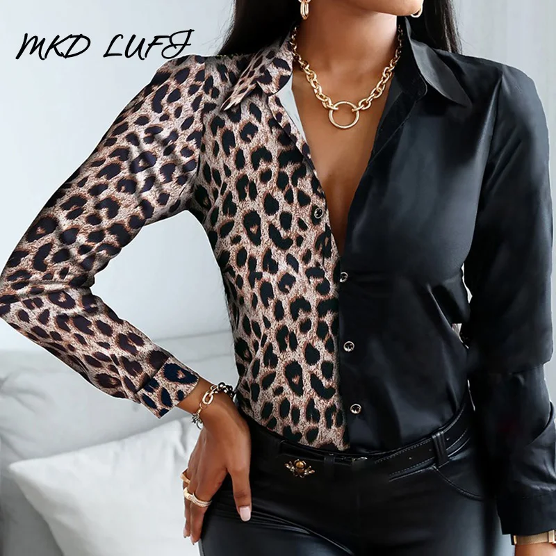 Leopard Tisk Tlačítko Design Dlouhý Rukáv Košile Ležérní Topy pro Ženy