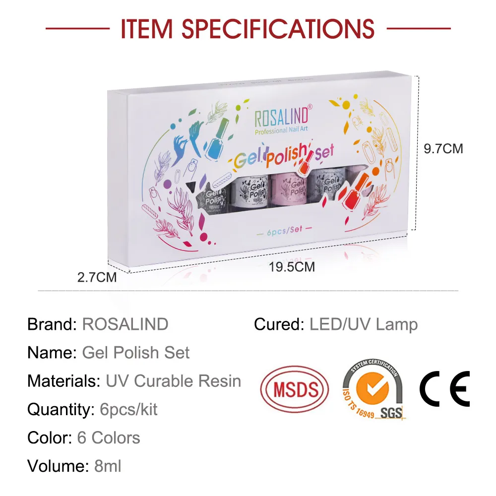 ROSALIND 8ML Gel Na Nehty Sada Pro Semi Permanentní Potřebovat Základní Nátěr Gel na nehty Pro Hybridní Lak Manikúra Sada Nail Art UV Lampa