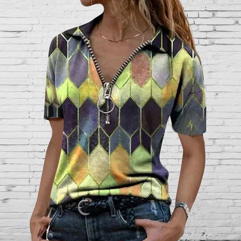 Ženy Elegantní Zip V-Neck Tisk Halenka Košile 2021 Letní Krátký Rukáv Dámy Svetr Topy Ležérní Volné Bavlněné Blusas Streetwear
