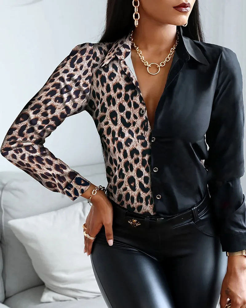 Leopard Tisk Tlačítko Design Dlouhý Rukáv Košile Ležérní Topy pro Ženy