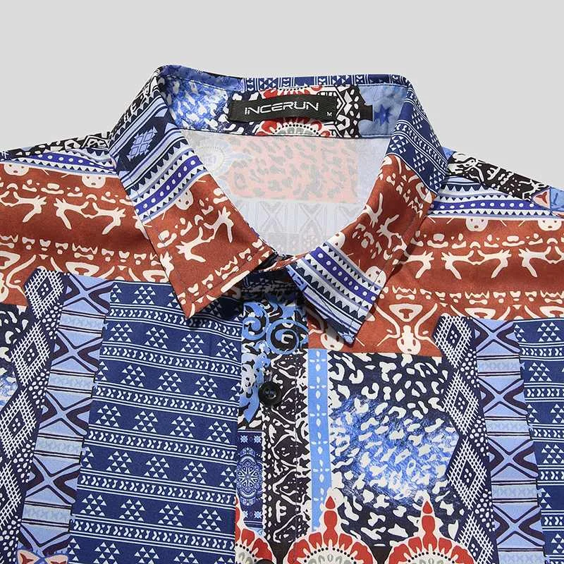 INCERUN 2021 Muži Ležérní Tištěné Tričko Zase Dolů Límec Streetwear Dlouhý Rukáv Volný čas Camisas Vintage Tlačítko Mužů Havajské Košile