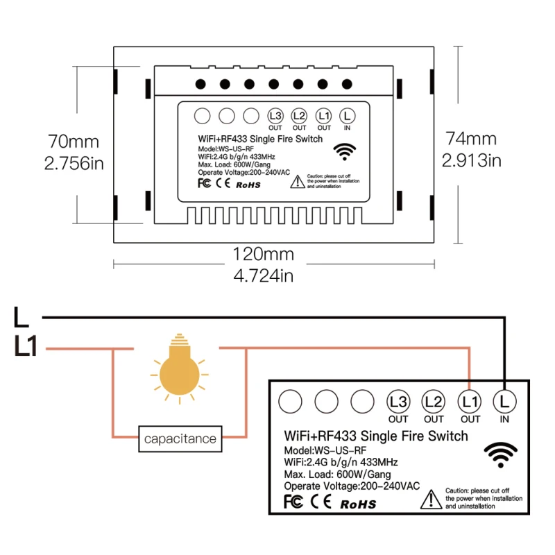 1/2/3 Gang 110/220V WIFI+RF433 Žádné Neutrální Smart Switch Jeden Oheň Inteligentní Život Tuya Aplikace Pracuje s Alexa Google Domov