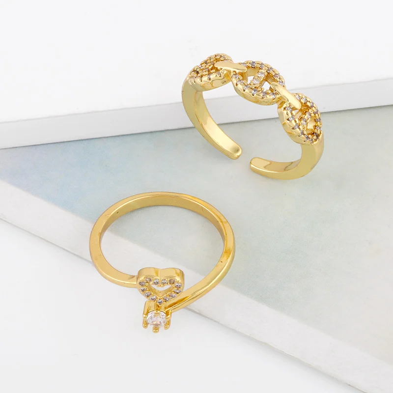 FLOLA Zlatý Řetěz Otevřené Manžety Prsteny Pro Ženy Bílý Kámen Vydláždit Prsten Srdce CZ Crystal Nastavitelná Stohovatelná Velkoobchod Šperky rigj94