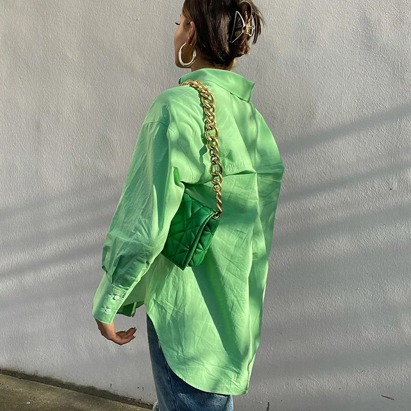 Zelené tričko, halenka pro dámské Letní Klopě Asymetrický Lem Popelín Košile jednořadového Midi Top 2021 Ležérní camisas mujer