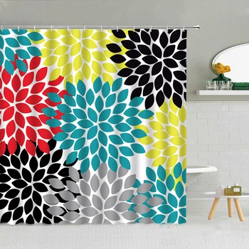 Barevné Květinové Tisk Sprchový Závěs Dahlia Mandala Květinový Geometrický Vzor Vodotěsné Textilie, Koupelna Decor Záclony S Háčky