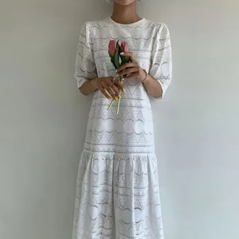 Bílé Pevné Elegantní Šaty Ženy Letní Krátký Rukáv O-neck Maxi Bodycon Oblečení Ženy korejské Elegantní Šaty Žena 2021