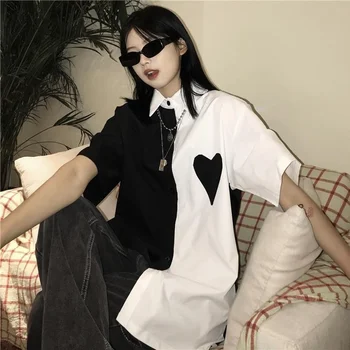 Deeptown Harajuku Krátký Rukáv Halenka Ženy Letní Černé Bílé Patchwork Tričko Gothic Grafické Svetr Nadrozměrných Streetwear Topy