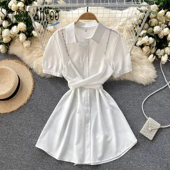 Dámské Letní Halenky 2021 Blusas Tričko Krátký Rukáv Falešné dvoudílné Obvaz Topy Ženy Bílá Elegantní Košile Šaty