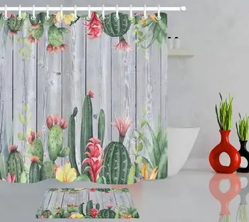 Dřevěná Deska Kaktus Sprchový Závěs Tropické Kaktusy Sukulentní Sprchový Závěs Květ Rostlin Květiny Koupelna Záclony S 12 Háčky