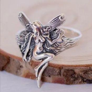 I & FDLK Vintage Stříbrný Pozlacený Andělská Křídla Ring pro Dámské Gotické Steampunk Večírek, Výročí Prsten Dospělé Ženy Šperky