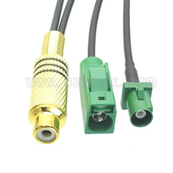 JX konektor RCA FAKRA Pigtail Kabel RCA samice na Dva Dual FAKRA E-zástrčka(plug)+samice jack kabel Radio Anténa adaptér Zelená