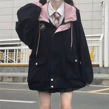 Japonské kawaii Zip pink woman jacket 2021 Nový korejský barev Jarní a Podzimní oblečení Volné roztomilé ženy topy kabát