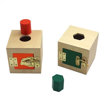 Montessori dřevěné hračky Lock Box Tvar Odpovídající Děti Dřevěný zámek Box 6 v 1 Vzdělávací Montessori Školka Dřevěné Hračky
