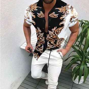 Muž Košile v Létě Roku 2020 Pánské Etnické Tištěné Límec Stripe Krátký Rukáv Volné Havajské Henley Vysoce kvalitní Tričko