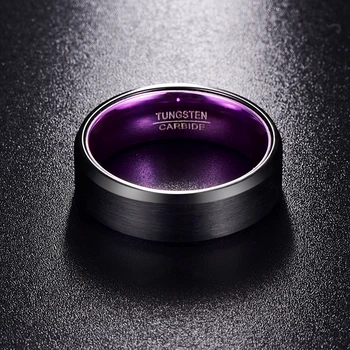 Pánské 8mm, široký 3MM tlusté černé ploché fialové vnitřní kroužek wolframové oceli prsten T080R s velikost 7-12