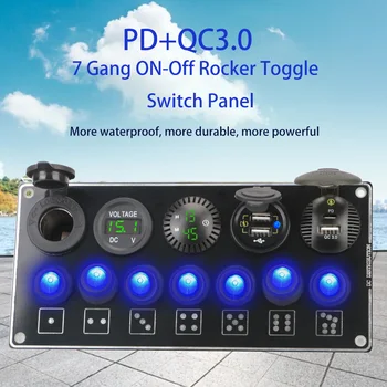 QC3.0 & PD Rychlé Nabíjení Duální USB Zásuvky Nabíječka pro Auto, Loď, RV Vodotěsné 7 Gang ON-Off Kolébkový Přepínač Auto Switch Panel