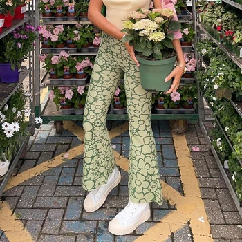 Rapwriter Vintage Květinové Tištěné Kalhoty y2k Flare Kalhoty Harajuku Vysokým Pasem Capris Ženy 90 Streetwear 2021 Horké Módní Kostým