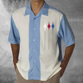 Vintage Patchwork Pánské Pruhované Tisk Klopě Košile 2021 Letní Volné Krátký Rukáv Tričko Pro Muže Módní Tlačítko Topy Streetwear