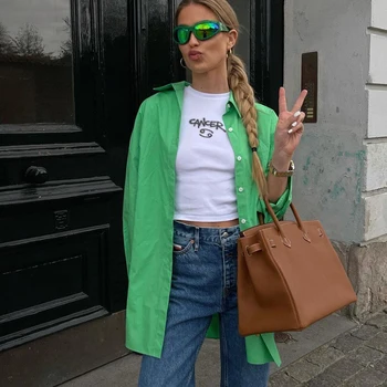 Zelené tričko, halenka pro dámské Letní Klopě Asymetrický Lem Popelín Košile jednořadového Midi Top 2021 Ležérní camisas mujer