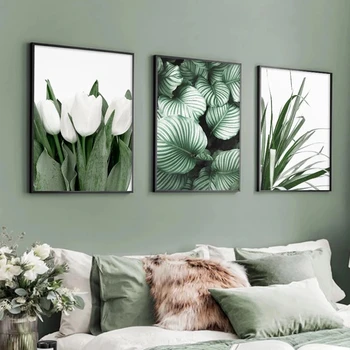 Čerstvý List Plakát Bílý tulipán zelená orchidej, aloe monstera rostlina, umění malířské plátno nordic zeď obrázky pro obývací pokoj dekor