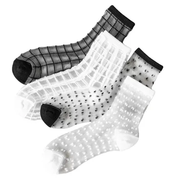 Žakárové Módní Sklo, Bavlna, Hedvábí jednobarevné Dámské Ponožky Průhledné Tenké Crystal Dámy Novinka Ponožky Černá Bílá Mřížka