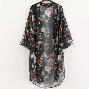 Ženy Ležérní Vintage Kimono Cardigan Dámy 2020 Léto Háčkování Šifon Kimono Preto Volné Flora Tištěné Halenka Topy Černá
